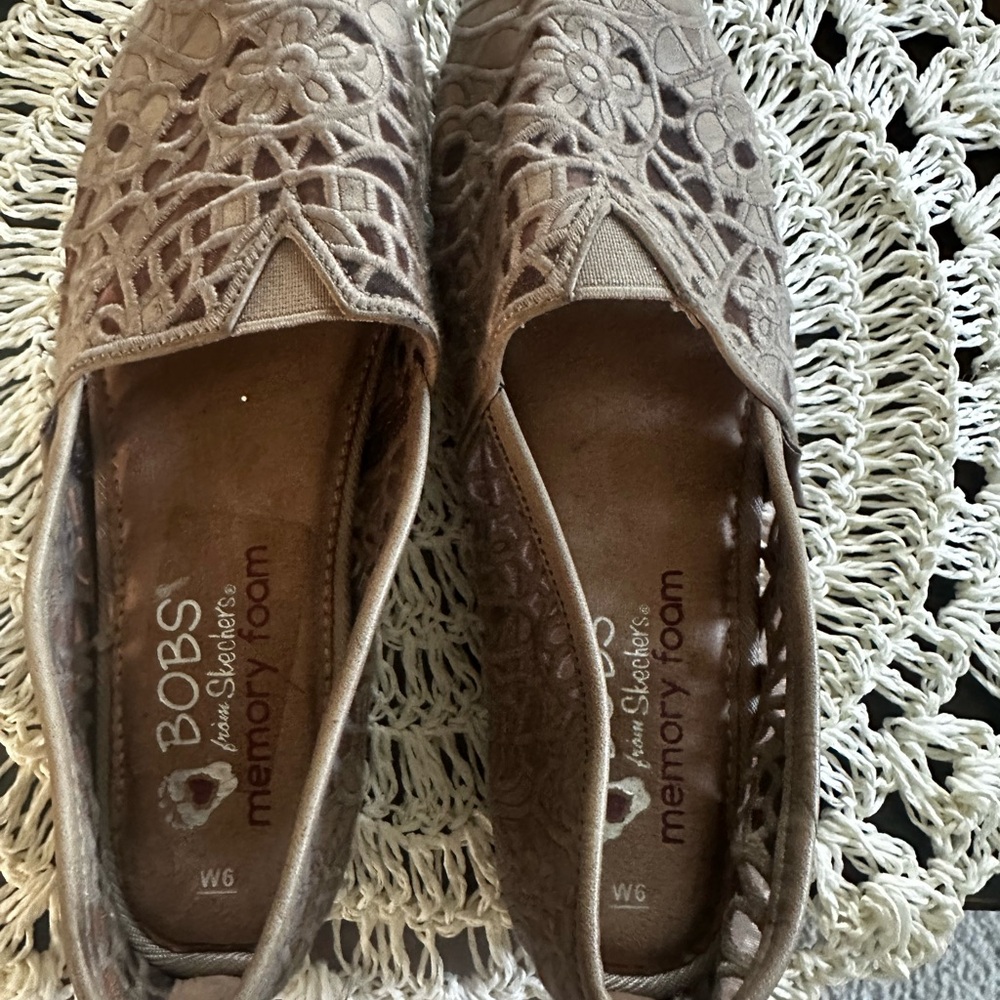 BOBS from Skechers Tan Flats with Laser-Cut Design